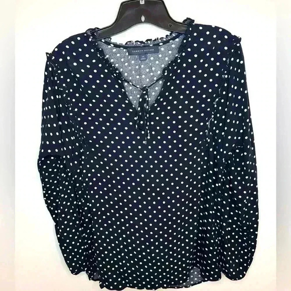 Tommy Hilfiger Womens Polkadot Navy/White Ruffle Blouse Size Small - Picture 3 of 11